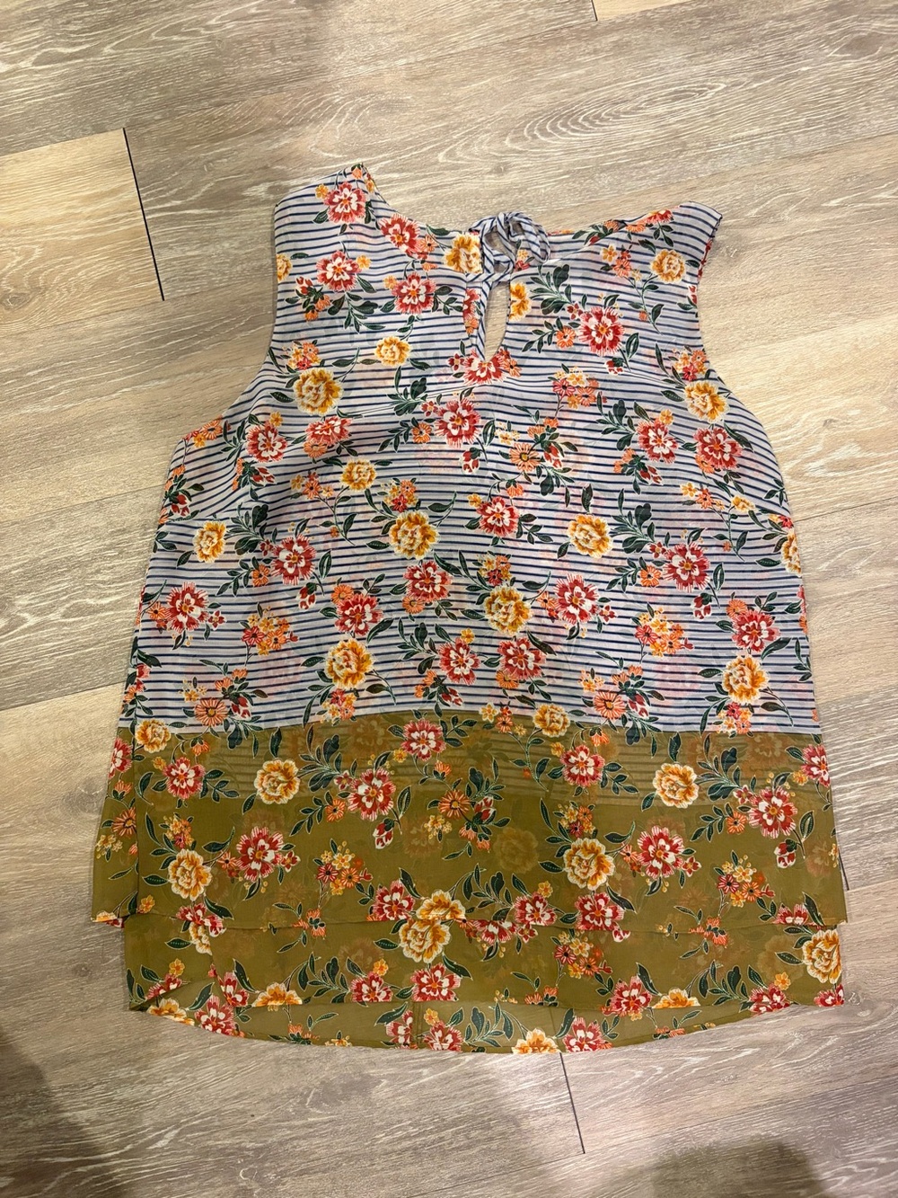 CAbi Floral Striped Keyhole Tank in White, Yellow & Green